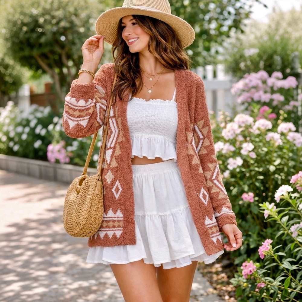 New In Aztec Print Open Front Cardigan  Boho Cozy